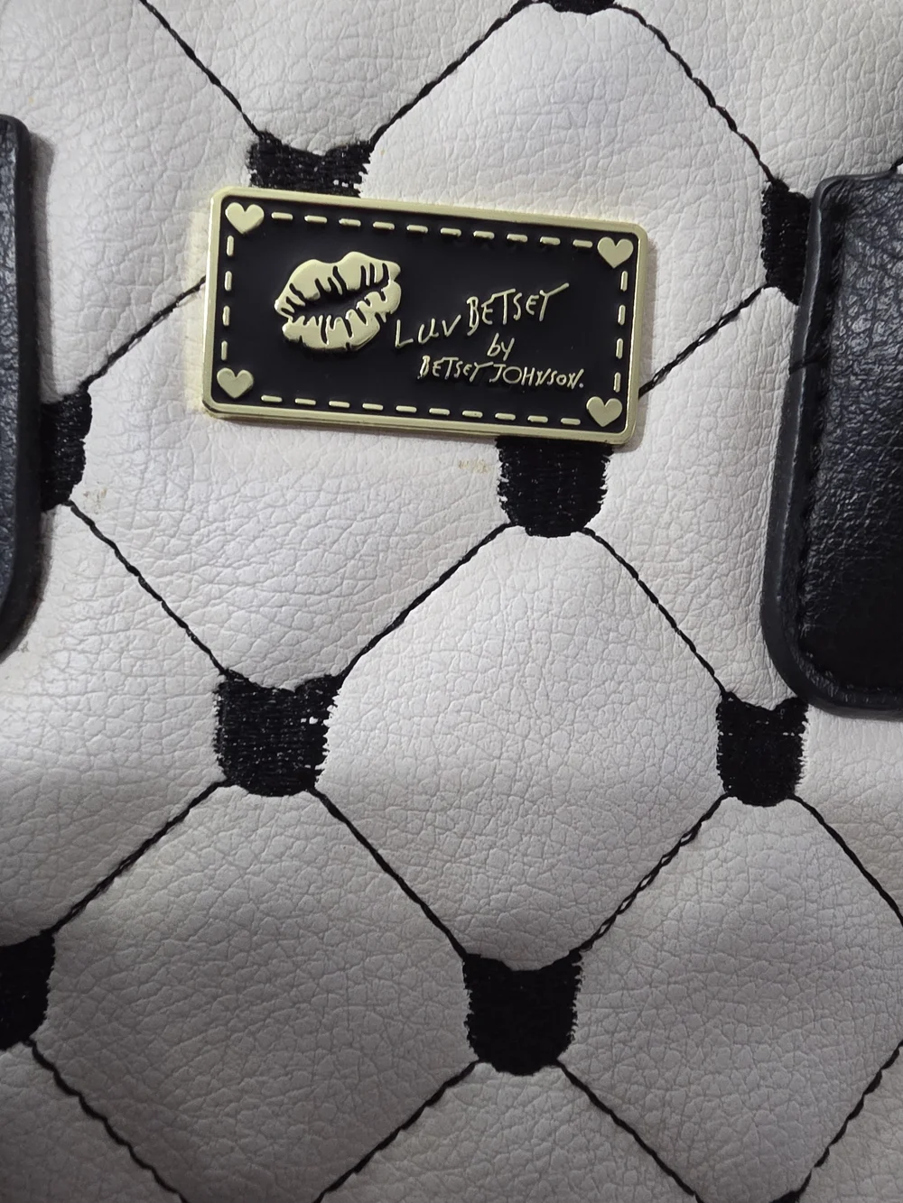 #155 Betsey Johnson Black and White Quilted Dome Satchel with Fur Charm